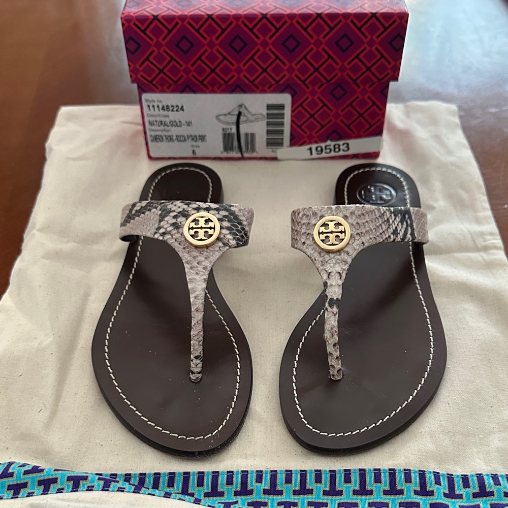 Tory Burch Snakeskin Thong Sandals - Cream and Brown